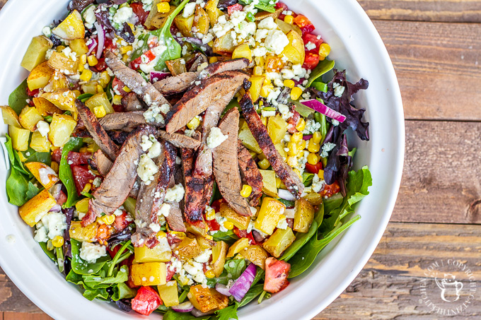 This is not your typical salad. It's got blue cheese. It's got potatoes. It's got steak. If you want a hearty, tasty dinner...cowboy steak salad!