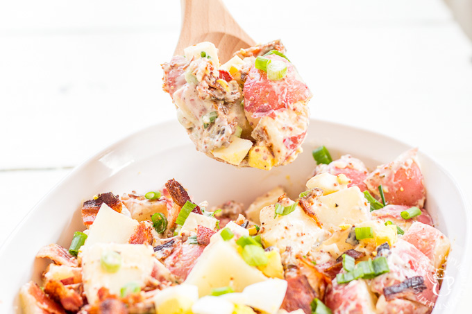 Need a fun, tasty side dish for the 4th of July or any other summer get together? Try this easy recipe for bacon and egg potato salad!