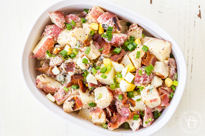 Need a fun, tasty side dish for the 4th of July or any other summer get together? Try this easy recipe for bacon and egg potato salad!