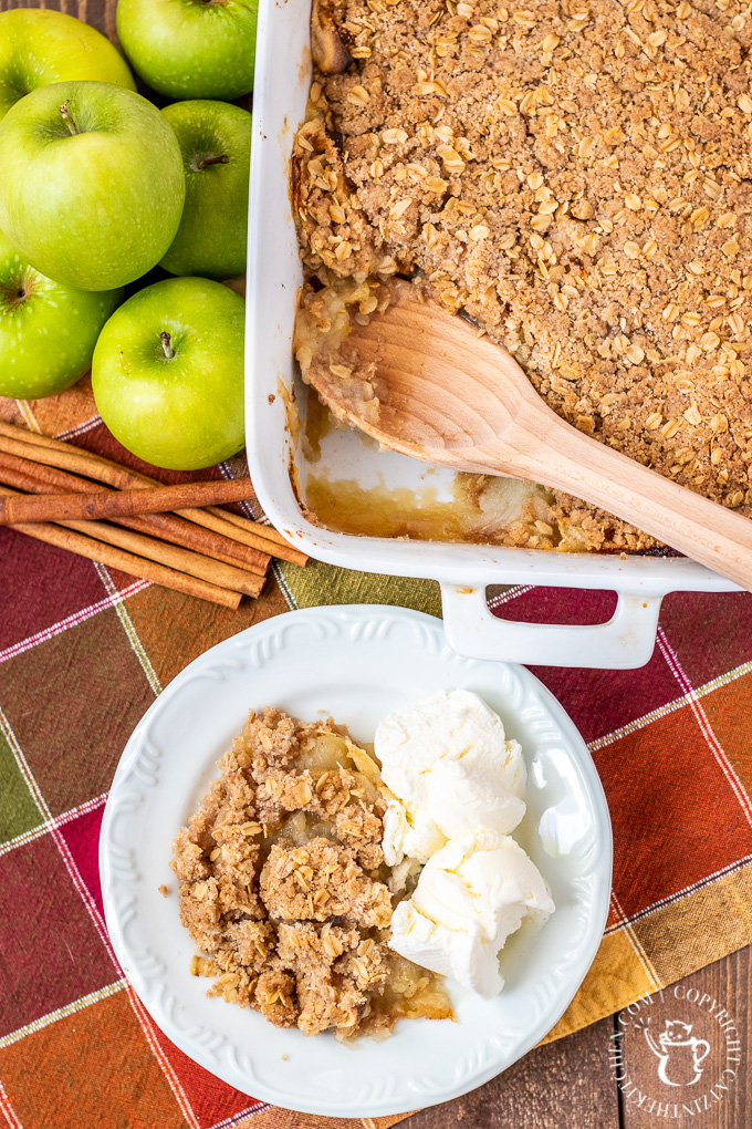 The yummy apple crisp is simple enough for a family dessert or nice enough to serve for company, but easy enough to make for a potluck or holiday hoopla!