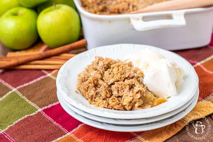 The yummy apple crisp is simple enough for a family dessert or nice enough to serve for company, but easy enough to make for a potluck or holiday hoopla!