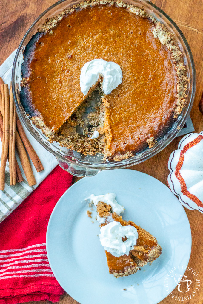 This easy pumpkin custard pie is flavored with cinnamon, cloves, and allspice - which gives it all kinds of warm, fall flavors.