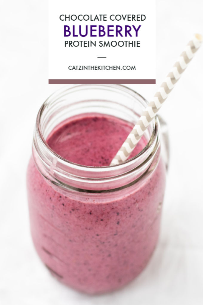 We stumbled upon this one by accident! Intending to make something else entirely, we ended up with this yummy chocolate covered blueberry protein smoothie!