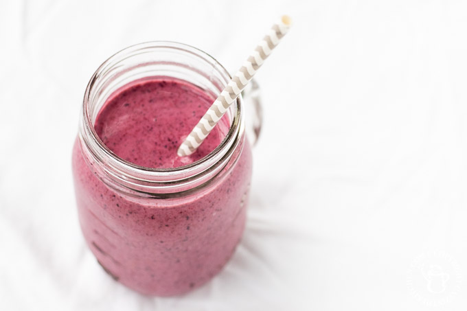 We stumbled upon this one by accident! Intending to make something else entirely, we ended up with this yummy chocolate covered blueberry protein smoothie!