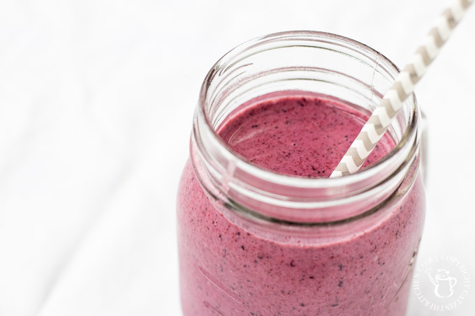 We stumbled upon this one by accident! Intending to make something else entirely, we ended up with this yummy chocolate covered blueberry protein smoothie!
