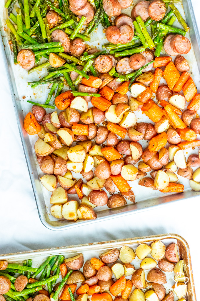 This recipe for one pan chicken sausage with roasted asparagus and potatoes is easy, healthy, kid-friendly, and can be prepared a bit ahead of time!