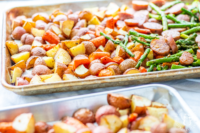 This recipe for one pan chicken sausage with roasted asparagus and potatoes is easy, healthy, kid-friendly, and can be prepared a bit ahead of time!