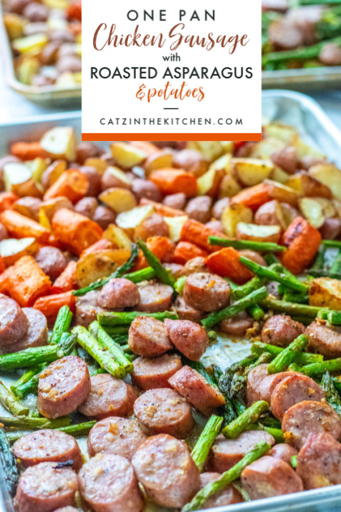 This recipe for one pan chicken sausage with roasted asparagus and potatoes is easy, healthy, kid-friendly, and can be prepared a bit ahead of time!